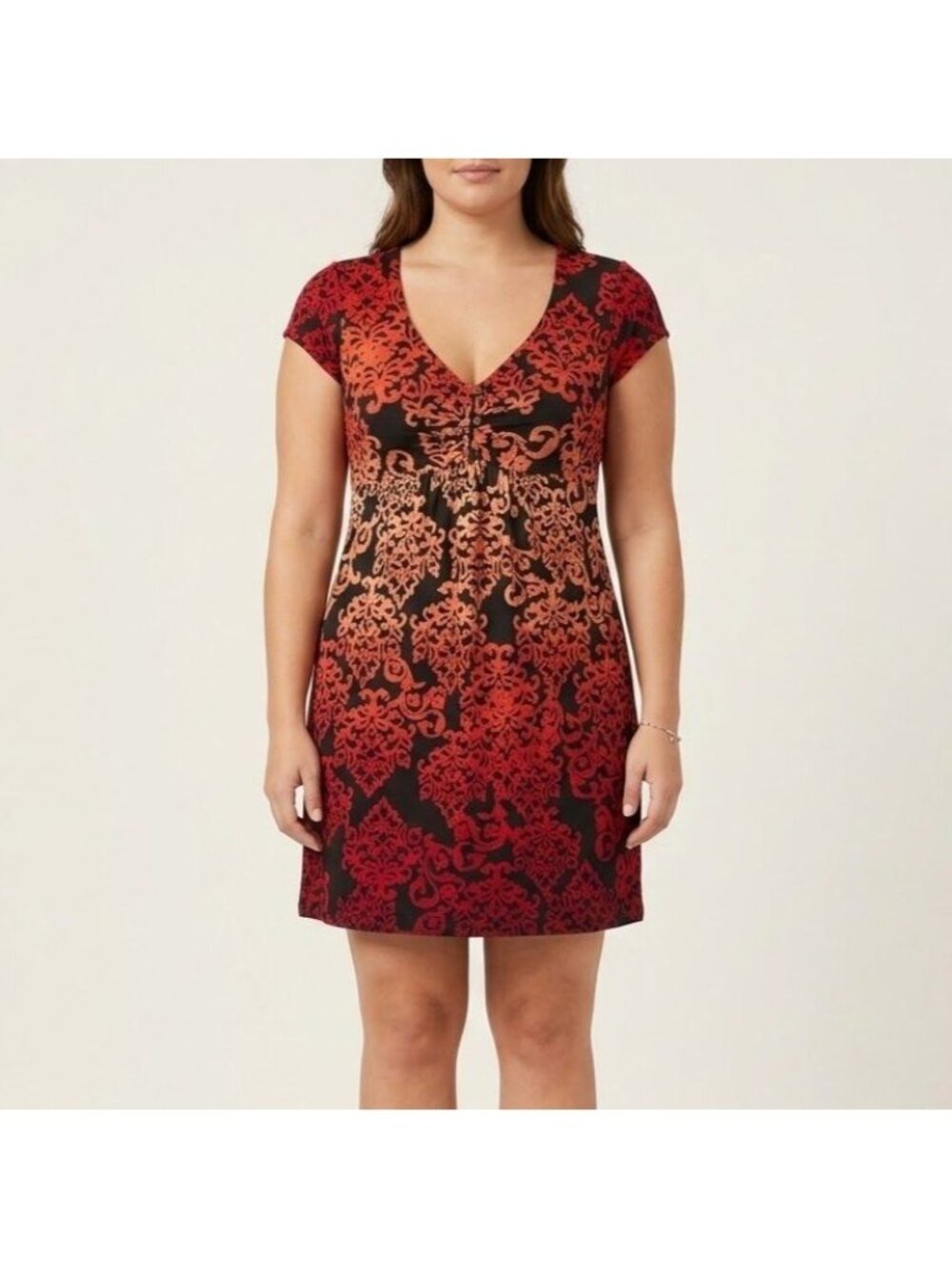 Soma Size M Red Orange Black Ombre Damask Short Sleeve V-Neck Jersey Mini Dress